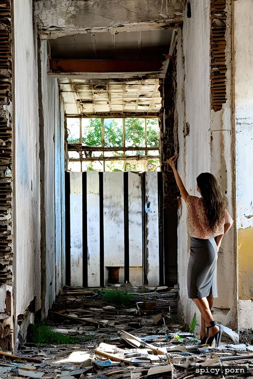 woman in an abandoned building, pissing