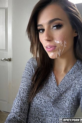 wicked mischievous look, cum on face, real amateur selfie of a vengeful white spanish teen girlfriend