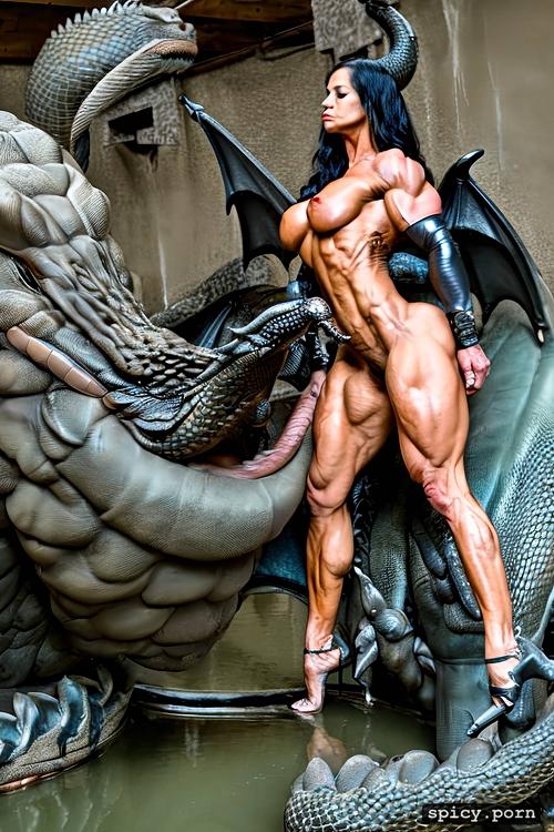 masterpiece, nude muscle woman vs dragon, pain, punished, peril