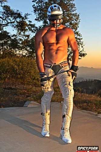 a handsome guy, showing veiny dick, muscular body, hot guy wearing motor helmet