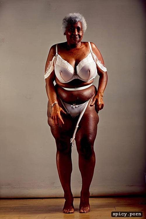 obese, white see through satin bra, ugly photo, color, full body