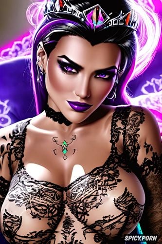 sombra overwatch beautiful face milf full lips tattoos small perky tits tighy low cut black lace wedding gown tiara masterpiece