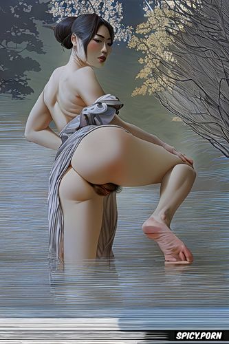 lifting one leg, hairy vagina, cézanne painting, japanese nude