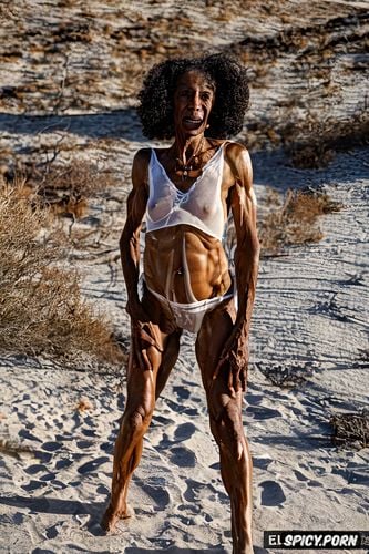 no body fat, long outward facing empty breasts1 6, squatting in a desert with legs apart