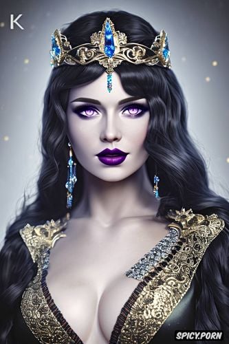 pale purple eyes, full lips, wearing black silk gown, tiara
