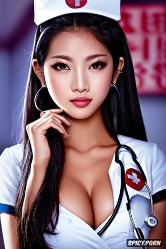 8k shot on canon dslr, ultra detailed, masterpiece, female nurse chinese skin brown eyes full lips beautiful face long soft black hair no makeup slutty nurse scrubs