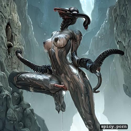 wet, xenomorph nest, biomechanical structures, naked aroused people embedded in walls