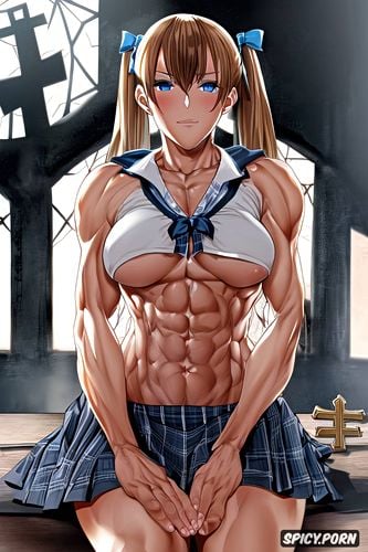 german student, micro plaid skirt, six pack abs, natural lighting