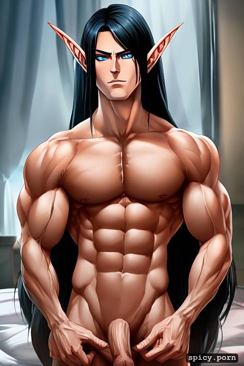20 year old elf male, muscular arms and legs, 4k, bedroom, blue eyes