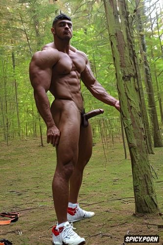 shows an ideal sculpted body, a path of hair to the pubis, powerful atletic man
