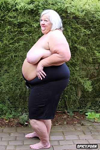 topless, side view, small shrink boobs, an old fat woman naked with obese ssbbw belly