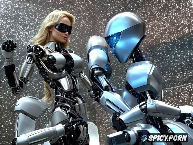 sparks from abdomen, sexy blonde robots with fully metallic body and huge tits fighting