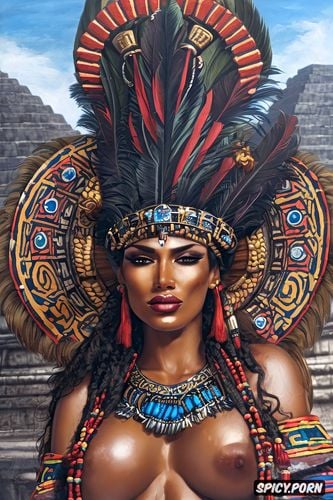 upper body shot muscles, aztec queen ancient aztec aztec pyramids crown royal feather robes beautiful face full lips milf topless