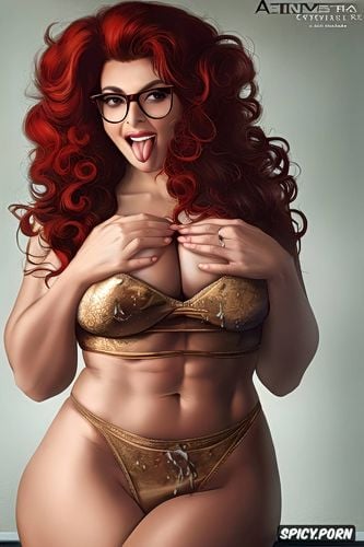 lush red curls, sticking out tongue, sophia loren, wide open mouth