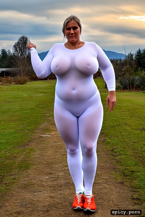 cloudy day, sagging belly, a standing obese 80 yo fat woman wearing white very transparent tight bodysuit with white legs