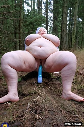 catholic nun, huge pussy, granny bbw nun, pussy spread, background in the forrest