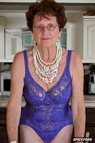 necklace, wrinkly skin, highres, 8k, in kitchen, white granny