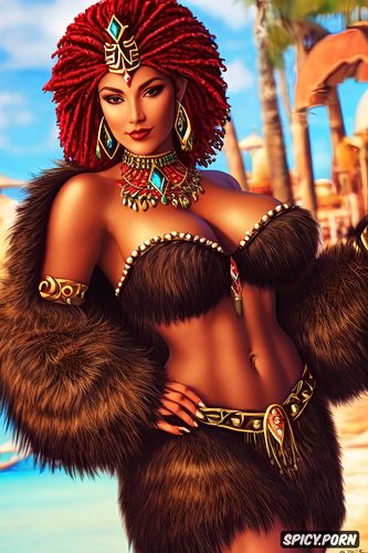 red hair, legend of zelda, dark tan skin, detailed, urbosa, fur coat
