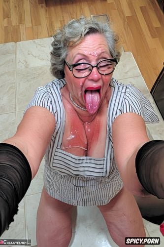 ssbbw, zombie, handjob, short gray hair, glasses, pov, tremendous cum on tongue