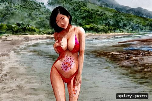 18year asian woman, beach, small boobs, pee