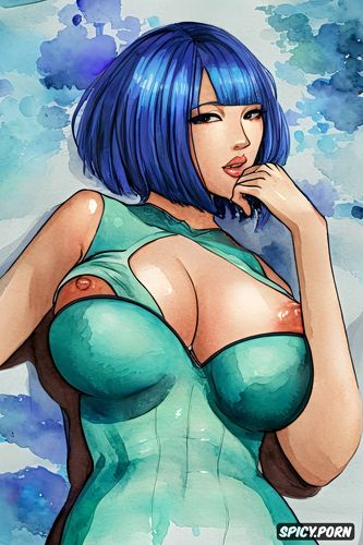 athletic body, blue hair, showing feet, beautiful face, bobcut hair