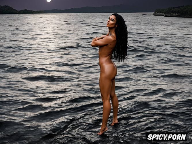 black hair, model pose, long hair, boot soles touch water surface