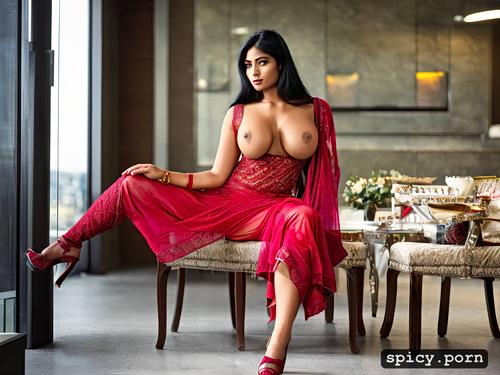 indian woman, black hair, shaved pussy, curvy body, wearing transparent red sari