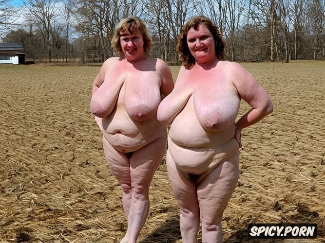 standing straight completely nude chubby pretty face tits double the size worn out farm wife cloths with tits hanging out standing at farmyard tits double the size