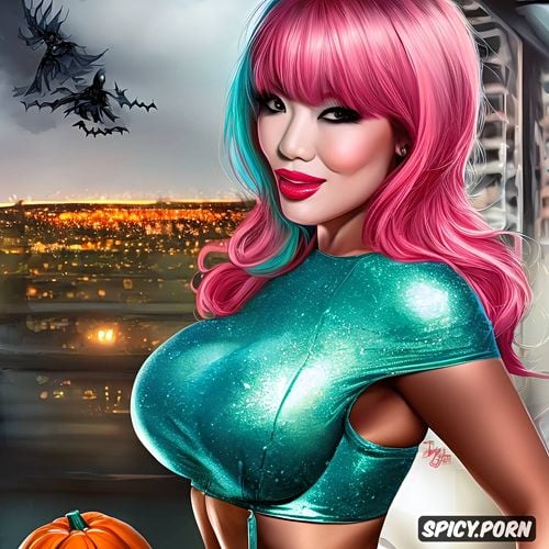 halloween, fit body, fishnet bodysuit, big boobs, pixie hair