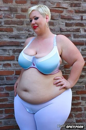 short blonde hair, white milf, large belly, white woman, tight spandex yoga pants