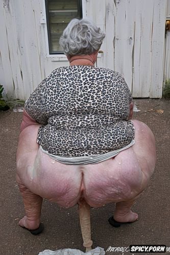 rear view, squatting, white granny, pastel colors, naked, hyperrealistic pregnant pissing fat cellulite thighs blond short haircut