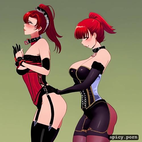 wearing a bright red corset, bright red hair in a high ponytail