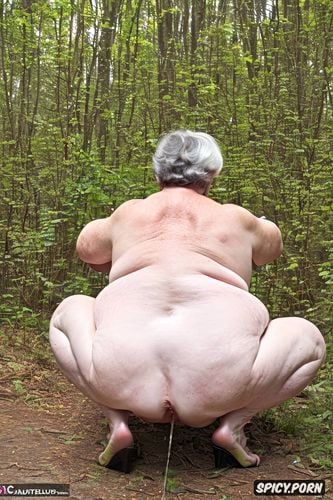 rear view, squatting, white granny, pastel colors, naked, hyperrealistic pregnant pissing muscular thighs red bobcut