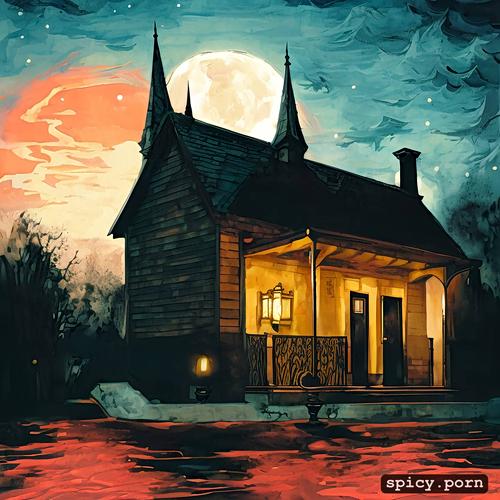 big eyes, disney style, night background of a creepy house, vivid color illustration