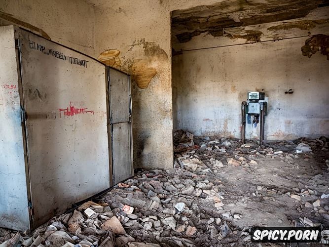 graffiti, cement, cubicles, abandoned hospital abandoned bank