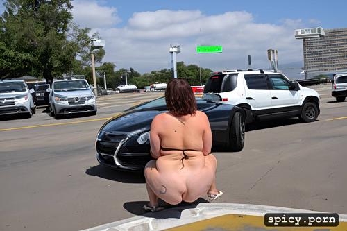 parking lot, white woman, huge ass, thick thighs, looking backwards at camera