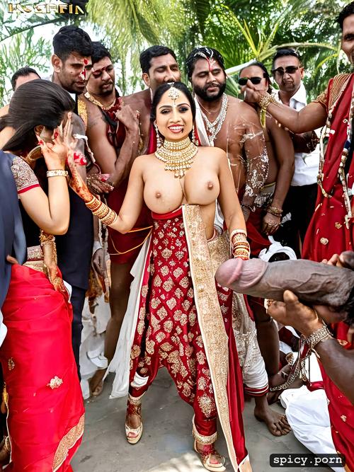 the standing beautiful indian bride in public takes a huge black dick in the mouth and get covered by cum all over his bridal dress and other people cheer the bride