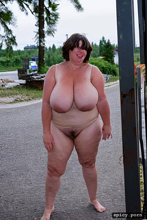 mage huge floppy saggy breasts on very fat estonian mature woman with large hairy cunt fat stupid cute face with much makeup and small nose semi short hair standing straight in siberian town sidewalk gigantic floppy tits worn out woman style very fat
