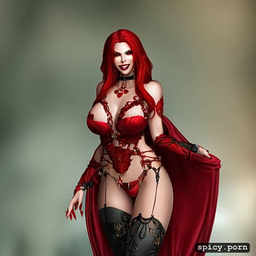 realistic, sexy redhead vampire queen, showing fangs, fingering