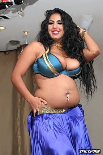 gorgeous persian belly dancer, long black wavy hair, gigantic saggy tits