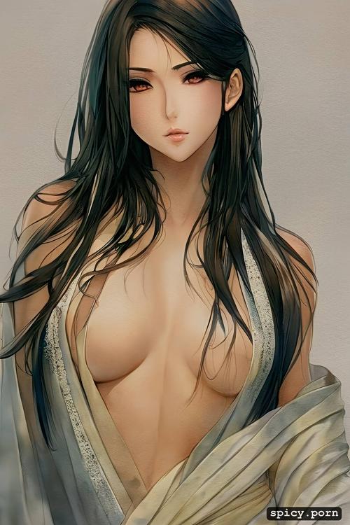 partially clothed, beautiful realistic anime art style, two toned dark hair