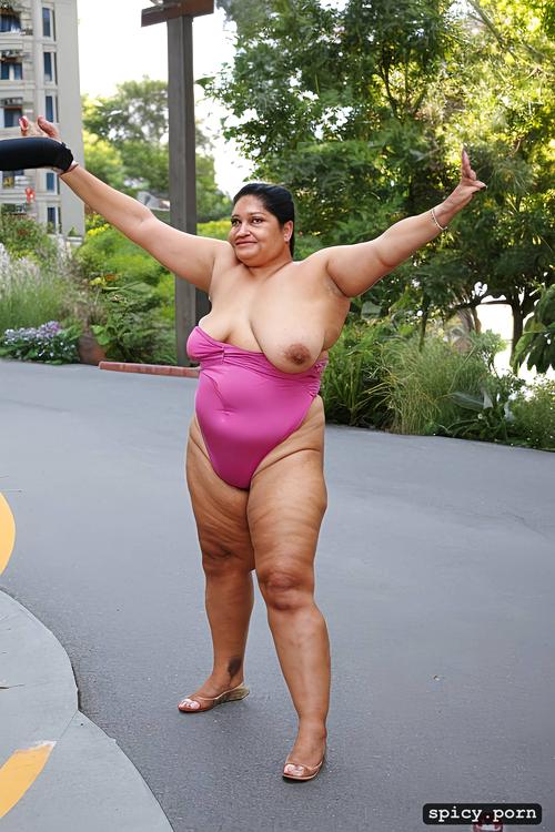 small breasts, full body shot, obese, an old fat hispanic naked woman with obese belly