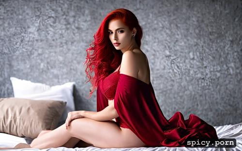 red hair, curly hair, model, sitting on red silk bed, choker