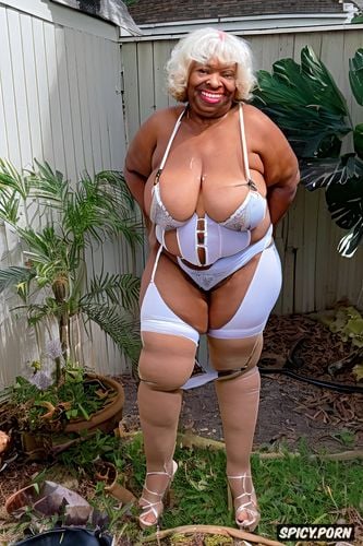 ebony granny, big brown breasts with huge long bipples, legs slightly apart showing gap between legs