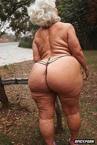 70 years old, wide hips, macromastia, huge oval nipples, fat