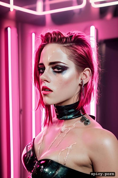 naked nipples excessive cum on face and body, retrowave neon hair