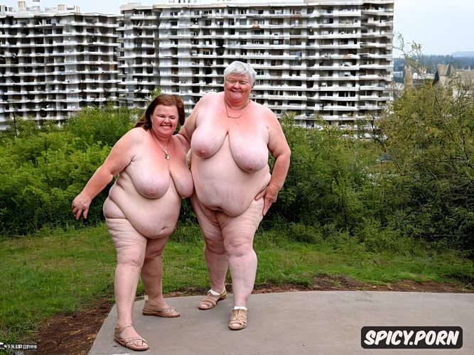 worlds largest most saggy breasts, standing straight in east european high apartment concrete buildings streets large view