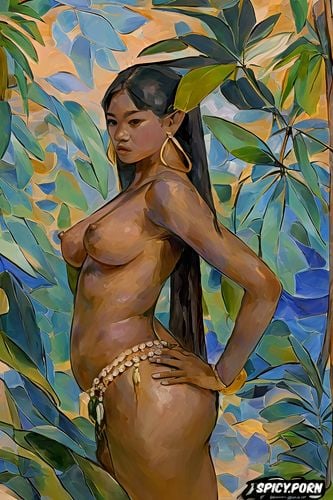 fauvism, detailed face, painterly, wide hips, jungle, very shy