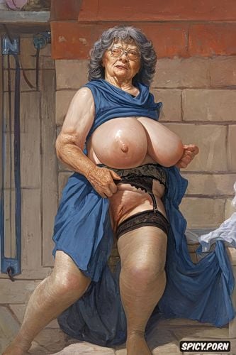 very big tits, giant and perfectly round areolas, the very old fat grandmother has nude pussy under her skirt