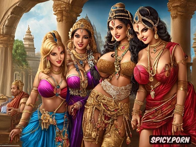 smiling, huge lactating breasts, vrindavana, krishna and radha fondling each other